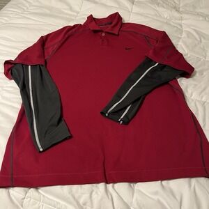 Nike Dri Fit Golf Shirt Mens XL Red Short Sleeve Polo Button Up w/ gray sleeves